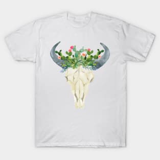 Bull skull with cacti crown - hand painted watercolor T-Shirt